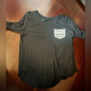 Black Long Sleeve Top with Lace Pocket